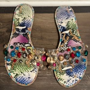 Snake skin gem sandals multi color